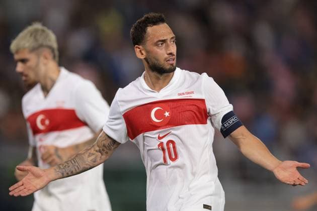 Bologna, Italy, 4th June 2024. Hakan Calhanoglu of Turkey reacts during the International Friendly, Länderspiel, Nationalmannschaft match at Stadio Renato Dall Ara, Bologna. Picture credit should read: Jonathan Moscrop Sportimage EDITORIAL USE ONLY. No use with unauthorised audio, video, data, fixture lists, club league logos or live services. Online in-match use limited to 120 images, no video emulation. No use in betting, games or single club league player publications. SPI-3179-0038