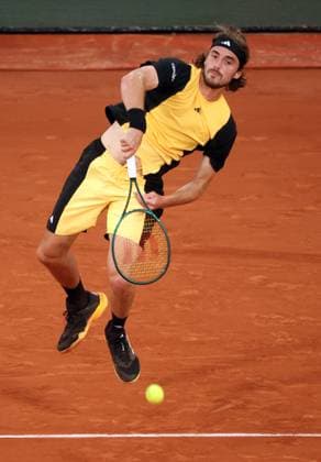Stefanos Tsitsipas of Greece plays against Carlos Alcaraz of Spain during their quarter final match of the French Tennis Open at Roland Garros in Paris, France, on Tuesday, June 4, 2024. Alcaraz won 6-3, 7-6, 6-4.  PAR20240604113 MAYAxVIDON-WHITE