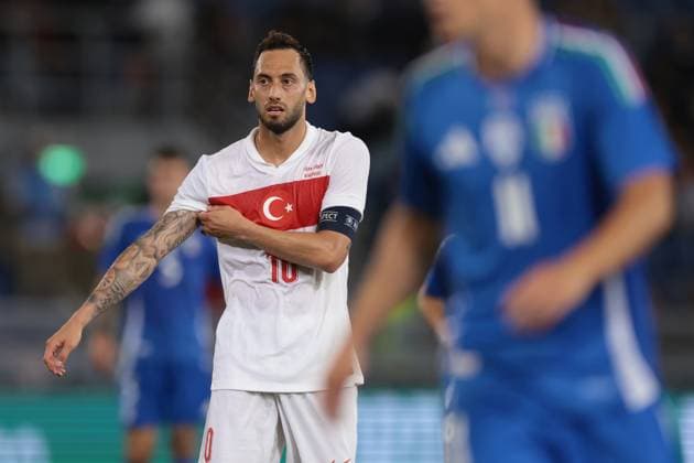 Bologna, Italy, 4th June 2024. Hakan Calhanoglu of Turkey reacts during the International Friendly, Länderspiel, Nationalmannschaft match at Stadio Renato Dall Ara, Bologna. Picture credit should read: Jonathan Moscrop Sportimage EDITORIAL USE ONLY. No use with unauthorised audio, video, data, fixture lists, club league logos or live services. Online in-match use limited to 120 images, no video emulation. No use in betting, games or single club league player publications. SPI-3179-0070