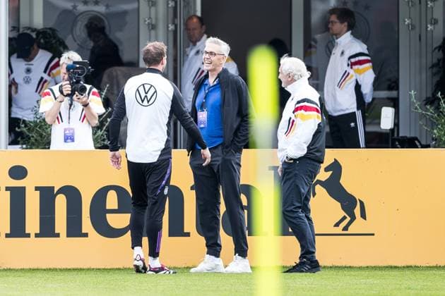 Training camp preparation UEFA EURO 2024 Germany 05 06 2024 Julian Nagelsmann Coach Germany , Gordon Herbert National Coach Germany Basketball Men and Rudi Völler DFB Director A National Team talk at the training ground Training camp preparation UEFA EURO 2024 Germany Training HerzoBase, Herzogenaurach on 05 06 2024 Copyright: xBEAUTIFULxSPORTS Wunderlx