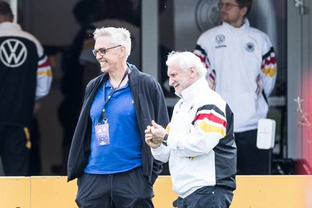 Training camp preparation UEFA EURO 2024 Germany 05 06 2024 Julian Nagelsmann Coach Germany , Gordon Herbert National Coach Germany Basketball Men and Rudi Völler DFB Director A National Team talk at the training ground Training camp preparation UEFA EURO 2024 Germany Training HerzoBase, Herzogenaurach on 05 06 2024 Copyright: xBEAUTIFULxSPORTS Wunderlx