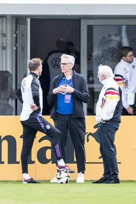 Training camp preparation UEFA EURO 2024 Germany 05 06 2024 Julian Nagelsmann Coach Germany , Gordon Herbert National Coach Germany Basketball Men and Rudi Völler DFB Director A National Team talk at the training ground Training camp preparation UEFA EURO 2024 Germany Training HerzoBase, Herzogenaurach on 05 06 2024 Copyright: xBEAUTIFULxSPORTS Wunderlx