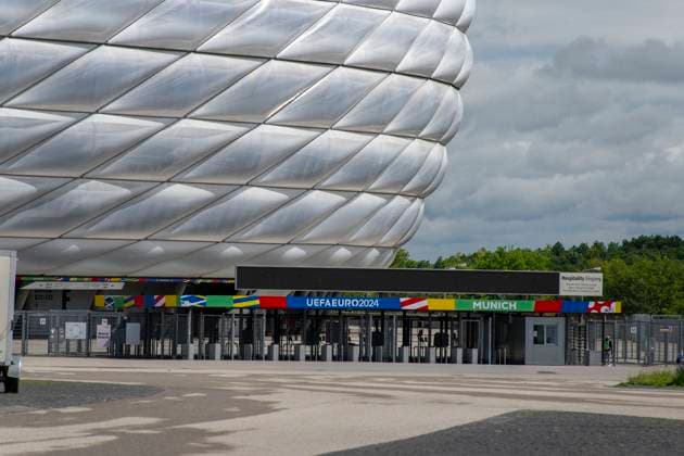 30 05 2024, European Football Championship 2024, The European Championship Stadium Munich Football Arena, this is the name of the Allianz Arena Munich during the European Championship, the original name has already been removed from the facade Entrance area with the access control crosses