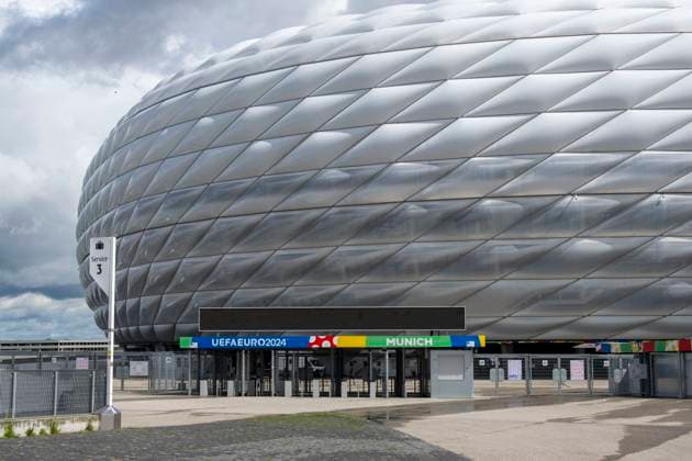 30 05 2024, European Football Championship 2024, The European Championship Stadium Munich Football Arena, this is the name of the Allianz Arena Munich during the European Championship, the original name has already been removed from the facade Entrance area with the access control crosses