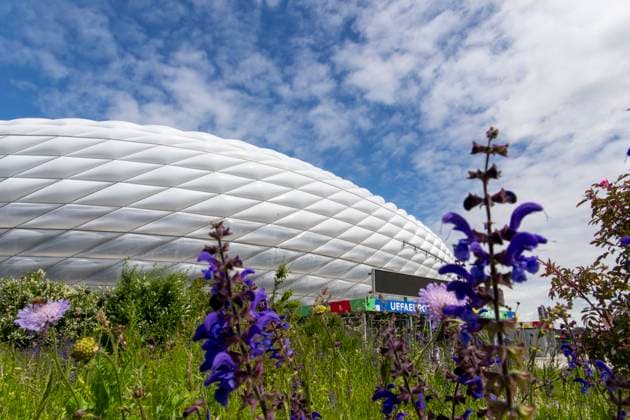 30 05 2024, European Football Championship 2024, The European Championship Stadium Munich Football Arena, this is the name of the Allianz Arena Munich during the European Championship, the original name has already been removed from the facade Flowers bloom on the esplanade