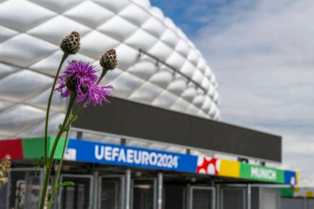 30 05 2024, European Football Championship 2024, The European Championship Stadium Munich Football Arena, this is the name of the Allianz Arena Munich during the European Championship, the original name has already been removed from the facade Flowers bloom on the esplanade