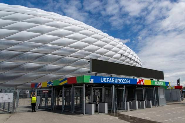 30 05 2024, European Football Championship 2024, The European Championship Stadium Munich Football Arena, this is the name of the Allianz Arena Munich during the European Championship, the original name has already been removed from the facade Entrance area with the access control crosses