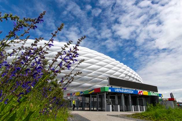 30 05 2024, European Football Championship 2024, The European Championship Stadium Munich Football Arena, this is the name of the Allianz Arena Munich during the European Championship, the original name has already been removed from the facade Flowers bloom on the esplanade