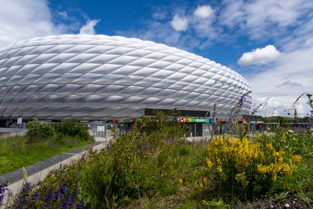 30 05 2024, European Football Championship 2024, The European Championship Stadium Munich Football Arena, this is the name of the Allianz Arena Munich during the European Championship, the original name has already been removed from the facade Flowers bloom on the esplanade