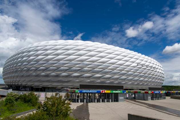 30 05 2024, European Football Championship 2024, The European Championship Stadium Munich Football Arena, this is the name of the Allianz Arena Munich during the European Championship, the original name has already been removed from the facade Entrance area with the access control crosses