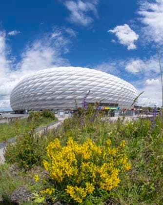 30 05 2024, European Football Championship 2024, The European Championship Stadium Munich Football Arena, this is the name of the Allianz Arena Munich during the European Championship, the original name has already been removed from the facade Flowers bloom on the esplanade