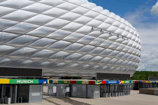 30 05 2024, European Football Championship 2024, The European Championship Stadium Munich Football Arena, this is the name of the Allianz Arena Munich during the European Championship, the original name has already been removed from the facade Entrance area with the access control crosses