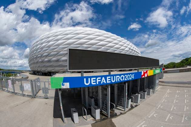 30 05 2024, European Football Championship 2024, The European Championship Stadium Munich Football Arena, this is the name of the Allianz Arena Munich during the European Championship, the original name has already been removed from the facade Entrance area with the access control crosses
