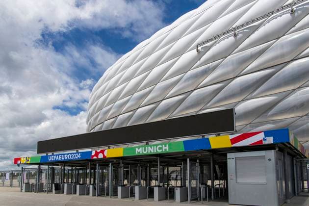 30 05 2024, European Football Championship 2024, The European Championship Stadium Munich Football Arena, this is the name of the Allianz Arena Munich during the European Championship, the original name has already been removed from the facade Entrance area with the access control crosses