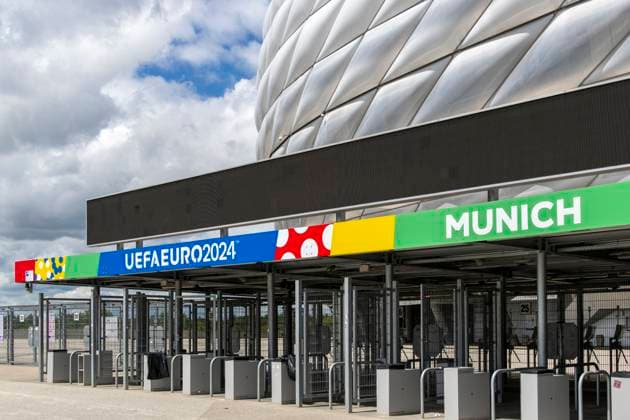 30 05 2024, European Football Championship 2024, The European Championship Stadium Munich Football Arena, this is the name of the Allianz Arena Munich during the European Championship, the original name has already been removed from the facade Entrance area with the access control crosses