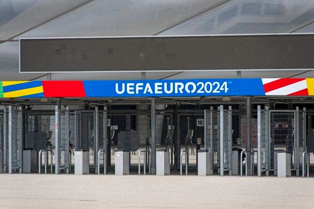 30 05 2024, European Football Championship 2024, The European Championship Stadium Munich Football Arena, this is the name of the Allianz Arena Munich during the European Championship, the original name has already been removed from the facade Entrance area with the access control crosses