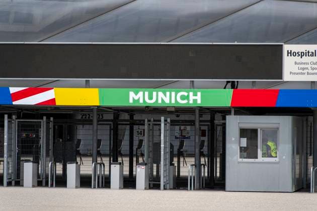 30 05 2024, European Football Championship 2024, The European Championship Stadium Munich Football Arena, this is the name of the Allianz Arena Munich during the European Championship, the original name has already been removed from the facade Entrance area with the access control crosses