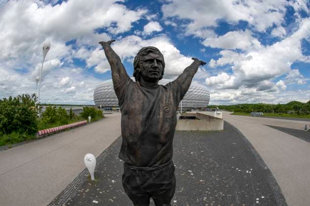 30 05 2024, European Football Championship 2024, The European Championship Stadium Munich Football Arena, this is the name of the Allianz Arena Munich during the European Championship, the original name has already been removed from the facade Statue of Gerd Müller on the esplanade
