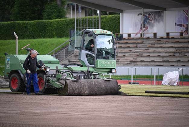 Football International EURO 2024 05 06 2024 At the Hermann Saam Stadium in Freudenstadt, the company Sportstaettenbau Garten Moser from Reutlingen is laying turf 6 days before the first training session of the Danish national team