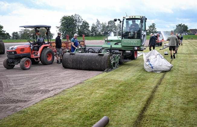 Football International EURO 2024 05 06 2024 At the Hermann Saam Stadium in Freudenstadt, the company Sportstaettenbau Garten Moser from Reutlingen is laying turf 6 days before the first training session of the Danish national team