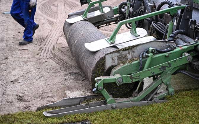 Football International EURO 2024 05 06 2024 At the Hermann Saam Stadium in Freudenstadt, the company Sportstaettenbau Garten Moser from Reutlingen is laying turf 6 days before the first training session of the Danish national team
