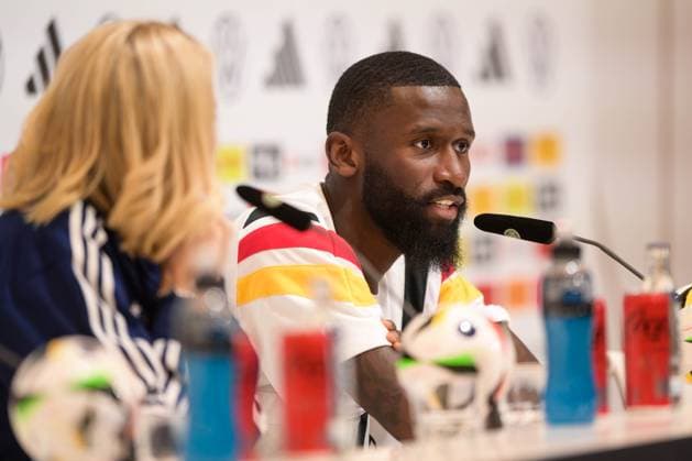Soccer, National team, 20240605, Training camp Press conference DFB German national soccer team In the picture DFB press spokeswoman Franziska WÜLLE and Antonio RÜDIGER Real Madrid speaks Herzogenaurach Homeground Bayern Germany Copyright: Passion2Press MarkusxFischerx