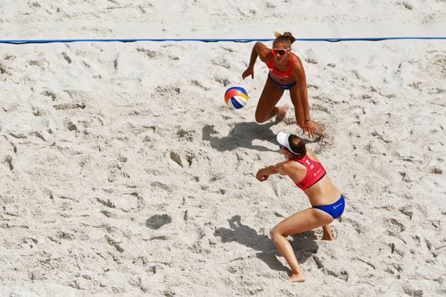 From right Czech Marketa Svozilova, Kylie Neuschafer in action during the Volleyball World Beach Pro Tour category Elite 2024 match Kylie Neuschafer and Marketa Svozilova of CZE vs Terese Cannon and Megan Kraft of USA in Ostrava, Czech Republic, June 5, 2024. (CTKxPhoto JaroslavxOzana) CTKPhotoP2024060506457  CTKPhotoP2024060506457