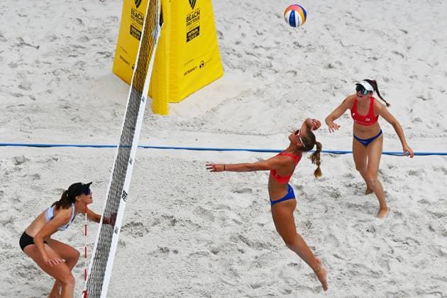From right Terese Cannon of USA and Czech Marketa Svozilova, Kylie Neuschafer in action during the Volleyball World Beach Pro Tour category Elite 2024 match Kylie Neuschafer and Marketa Svozilova of CZE vs Terese Cannon and Megan Kraft of USA in Ostrava, Czech Republic, June 5, 2024. (CTKxPhoto JaroslavxOzana) CTKPhotoP2024060506472  CTKPhotoP2024060506472