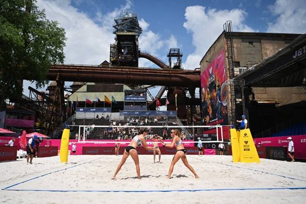 From left front Terese Cannon, Megan Kraft of USA in action during the Volleyball World Beach Pro Tour category Elite 2024 match Kylie Neuschafer and Marketa Svozilova of CZE vs Terese Cannon and Megan Kraft of USA in Ostrava, Czech Republic, June 5, 2024. (CTKxPhoto JaroslavxOzana) CTKPhotoP2024060506692  CTKPhotoP2024060506692