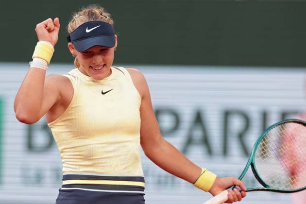 5th June 2024; Roland Garros, Paris, France; 2024 French Open Tennis tournament, Day 11; Mirra Andreeva (RUS) celebrates her win over Aryna Sabalenka (BLR)  ActionPlus12651092 JonxBromley