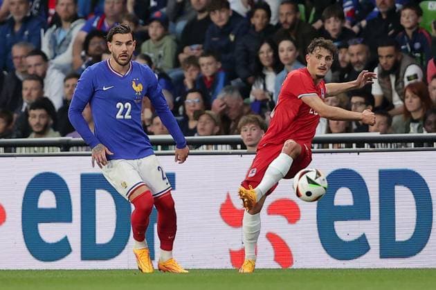 Eldin Dzogovic Luxembourg 20 in duel with Theo Hernandez France 22 Football, Season 20223 2024, Friendly match, International match 05 06 2024 National team France Luxembourg France vs Luxembourg Stade Saint Symphorien, Metz
