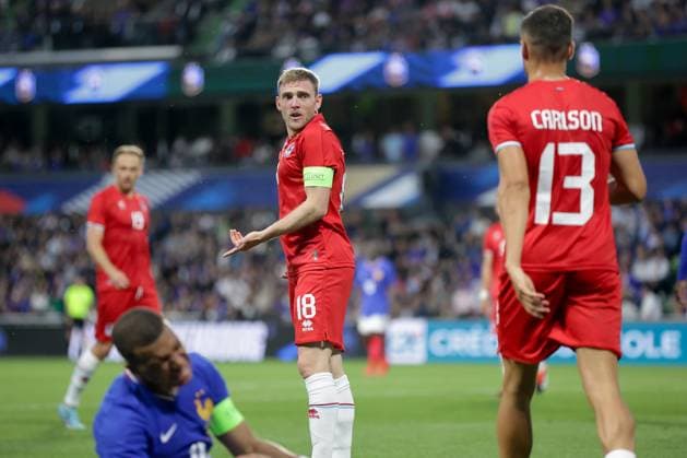 Laurent Jans captain Luxembourg 18 innocent after foul on Kylian MbappÃ France 10 Football, Season 20223 2024, Friendly match, International match 05 06 2024 National team France Luxembourg France vs Luxembourg Stade Saint Symphorien, Metz