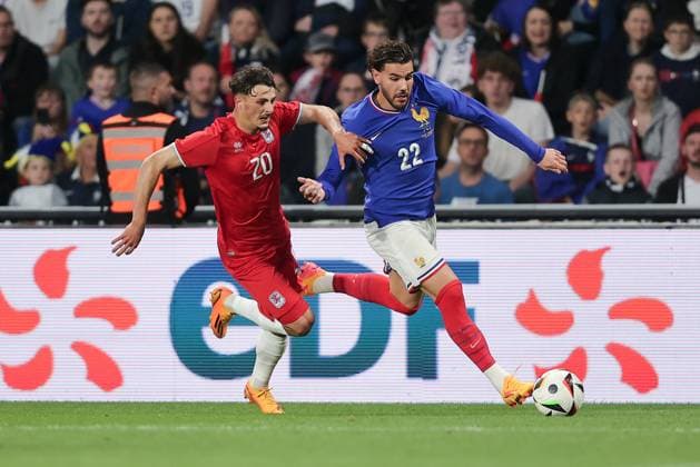 Eldin Dzogovic Luxembourg 20 in duel with Theo Hernandez France 22 Football, Season 20223 2024, Friendly match, International match 05 06 2024 National team France Luxembourg France vs Luxembourg Stade Saint Symphorien, Metz
