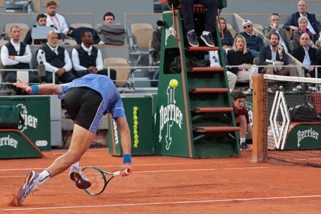 5th June 2024; Roland Garros, Paris, France; 2024 French Open Tennis tournament, Day 11; Alex de Minaur (AUS) picks up a drop shot from Alexander Zverev (GER)  ActionPlus12651117 JonxBromley