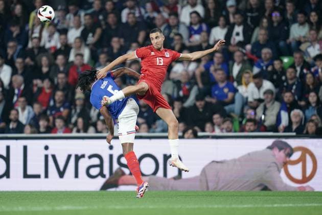 Football friendly 05 06 2024, Football international match, International match, Friendly game, Friendly match, Amical, 2024, France, Stade St Symphorien, Metz, France FRA Luxembourg LUX vl Jules Kounde France, France 5 Dirk Carlson Luxembourg, Luxembourg, FLF 13