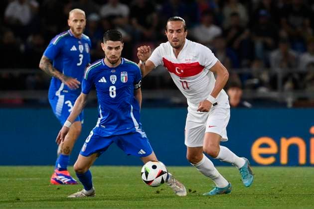 4th June 2024; Stadio Renato Dall Ara, Bologna, Italy; International Football Friendly, Italy versus Turkey; (L-R) Jorginho of Italy against Yusuf Yazici of Turkey  ActionPlus12651172 BestxImages