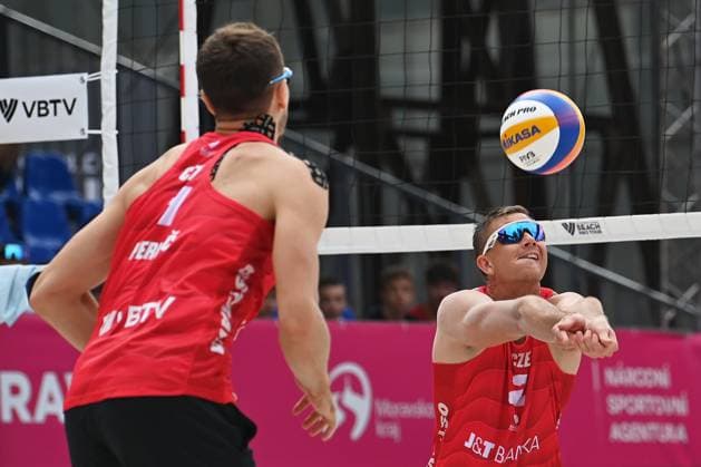 Ondrej Perusic, left, and David Schweiner of Czech Republic in action during the Pro Tour Ostrava match Ondrej Perusic and David Schweiner of Czech Republic vs Steven van de Velde and Matthew Immers of Netherlands, Ostrava, Czech Republic, June 6, 2024. (CTKxPhoto JaroslavxOzana) CTKPhotoP2024060603642  CTKPhotoP2024060603642