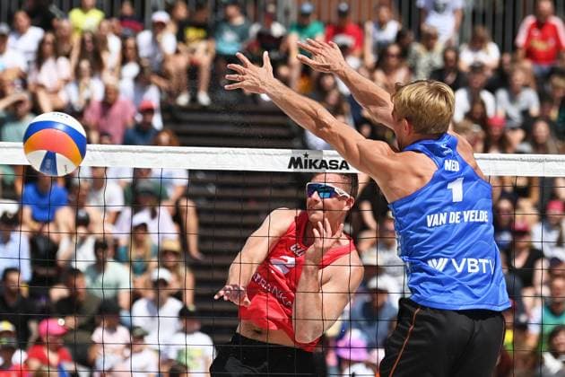 David Schweiner of Czech Republic, left, and Steven van de Velde of Netherlands in action during the Pro Tour Ostrava match Ondrej Perusic and David Schweiner of Czech Republic vs Steven van de Velde and Matthew Immers of Netherlands, Ostrava, Czech Republic, June 6, 2024. (CTKxPhoto JaroslavxOzana) CTKPhotoP2024060603644  CTKPhotoP2024060603644
