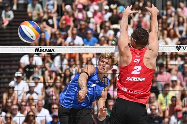 Steven van de Velde of Netherlands, left, and David Schweiner of Czech Republic in action during the Pro Tour Ostrava match Ondrej Perusic and David Schweiner of Czech Republic vs Steven van de Velde and Matthew Immers of Netherlands, Ostrava, Czech Republic, June 6, 2024. (CTKxPhoto JaroslavxOzana) CTKPhotoP2024060603698  CTKPhotoP2024060603698
