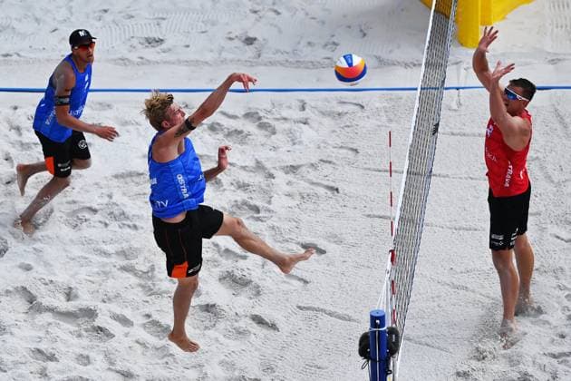 (L-R) Matthew Immers and Steven van de Velde of Netherlands and David Schweiner of Czech Republic in action during the Pro Tour Ostrava match Ondrej Perusic and David Schweiner of Czech Republic vs Steven van de Velde and Matthew Immers of Netherlands, Ostrava, Czech Republic, June 6, 2024. (CTKxPhoto JaroslavxOzana) CTKPhotoP2024060603756  CTKPhotoP2024060603756
