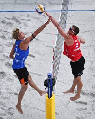 Steven van de Velde of Netherlands, left, and David Schweiner of Czech Republic in action during the Pro Tour Ostrava match Ondrej Perusic and David Schweiner of Czech Republic vs Steven van de Velde and Matthew Immers of Netherlands, Ostrava, Czech Republic, June 6, 2024. (CTKxPhoto JaroslavxOzana) CTKPhotoP2024060603806  CTKPhotoP2024060603806