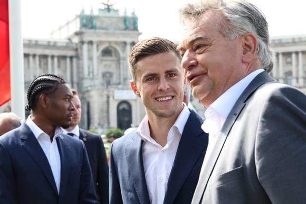 SOCCER - UEFA EURO, EM, Europameisterschaft,Fussball 2024 VIENNA,AUSTRIA,06.JUN.24 - SOCCER - UEFA European Championship, EM, Europameisterschaft preview, farewell ceremony OEFB Team. Image shows David Alaba, Christoph Baumgartner (AUT) and vice chancellor and minister of sports Werner Kogler (Austria).  GEPAxpictures xArminxRauthner