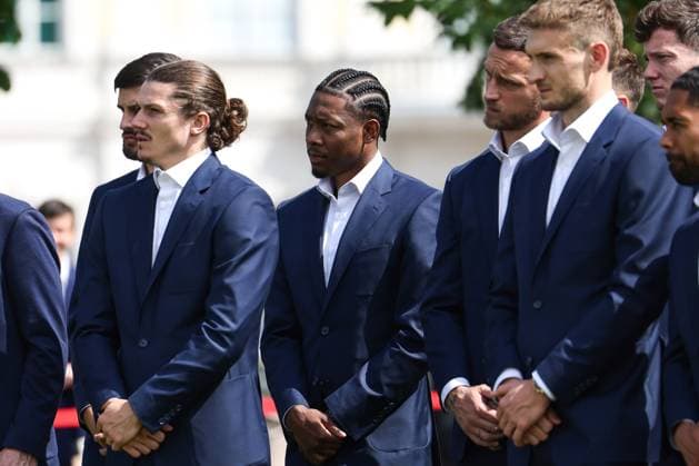 SOCCER - UEFA EURO, EM, Europameisterschaft,Fussball 2024 VIENNA,AUSTRIA,06.JUN.24 - SOCCER - UEFA European Championship, EM, Europameisterschaft preview, farewell ceremony OEFB Team. Image shows Florian Grillitsch, Marcel Sabitzer, David Alaba, Marko Arnautovic and Stefan Posch, Michael Gregoritsch and Philipp Mwene (AUT). GEPAxpictures xArminxRauthner