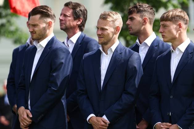 SOCCER - UEFA EURO, EM, Europameisterschaft,Fussball 2024 VIENNA,AUSTRIA,06.JUN.24 - SOCCER - UEFA European Championship, EM, Europameisterschaft preview, farewell ceremony OEFB Team. Image shows Maximilian Entrup, Marco Gruell, Niklas Hedl and Alexander Prass (AUT). GEPAxpictures xArminxRauthner