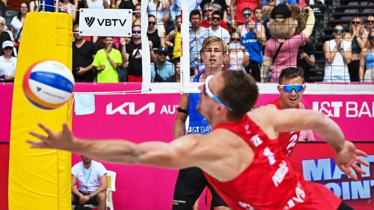 (L-R) Steven van de Velde of Netherlands, Ondrej Perusic and David Schweiner of Czech Republic in action during the Pro Tour Ostrava match Ondrej Perusic and David Schweiner of Czech Republic vs Steven van de Velde and Matthew Immers of Netherlands, Ostrava, Czech Republic, June 6, 2024. (CTKxPhoto JaroslavxOzana) CTKPhotoP2024060604174  CTKPhotoP2024060604174