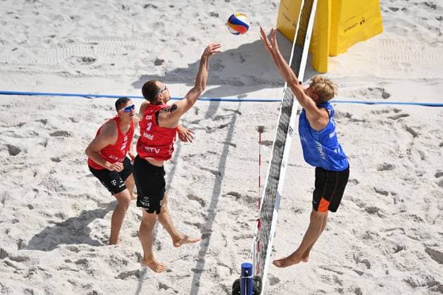 (L-R) David Schweiner and Ondrej Perusic of Czech Republic and Steven van de Velde of Netherlands in action during the Pro Tour Ostrava match Ondrej Perusic and David Schweiner of Czech Republic vs Steven van de Velde and Matthew Immers of Netherlands, Ostrava, Czech Republic, June 6, 2024. (CTKxPhoto JaroslavxOzana) CTKPhotoP2024060604508  CTKPhotoP2024060604508