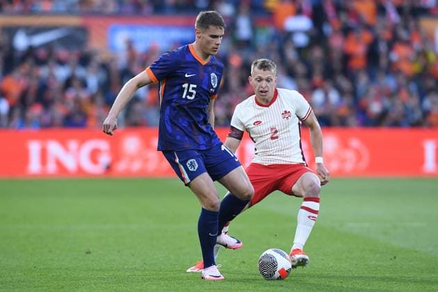 International soccer match Netherlands Canada on 06 06 2024 at Feyenoord Stadium in Rotterdam Micky van de Ven Netherlands , front Alistair Johnston Canada , back xRx