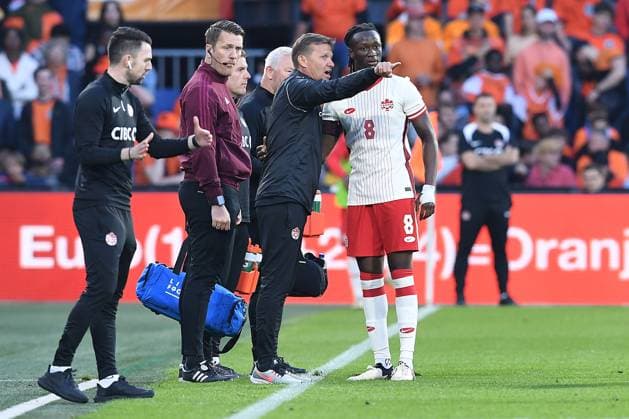International soccer match Netherlands Canada on 06 06 2024 at Feyenoord Stadium in Rotterdam Jesse Marsch coach head coach Canada , left Ismael Kone Canada , right xRx