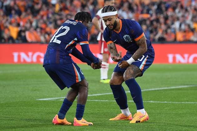 International soccer match Netherlands Canada on 06 06 2024 at Feyenoord Stadium in Rotterdam Goal celebration for 1 0 by Memphis Depay Netherlands xRx