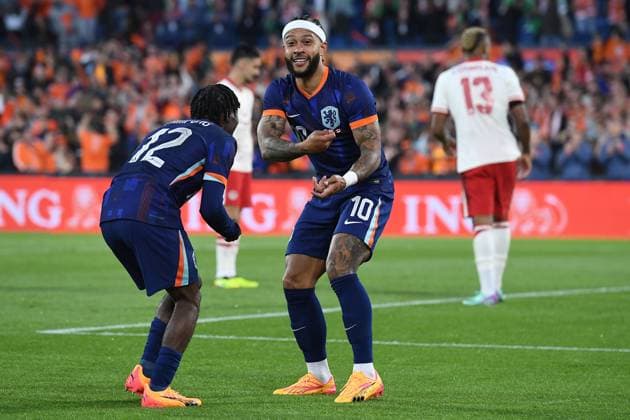 International soccer match Netherlands Canada on 06 06 2024 at Feyenoord Stadium in Rotterdam Goal celebration for 1 0 by Memphis Depay Netherlands xRx